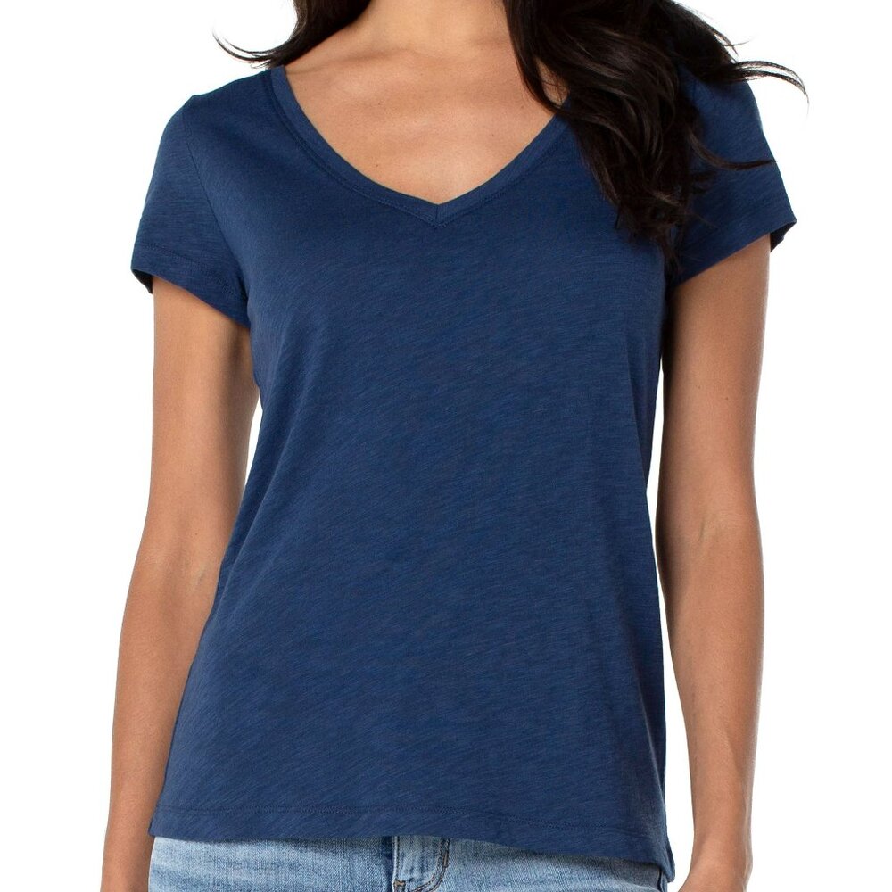 NWT Liverpool Slim Fit V Neck Slub Knit Tee In Night Sky Blue